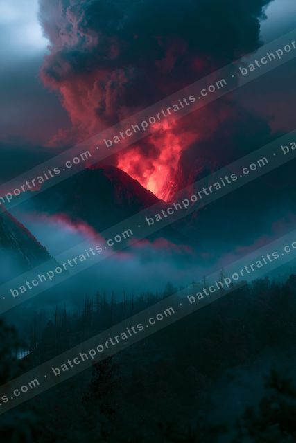 A dramatic landscape of a volcano, fire.