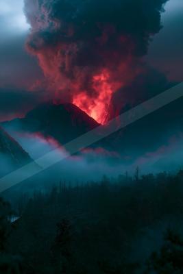 A moody landscape of mountains, clouds, storm.