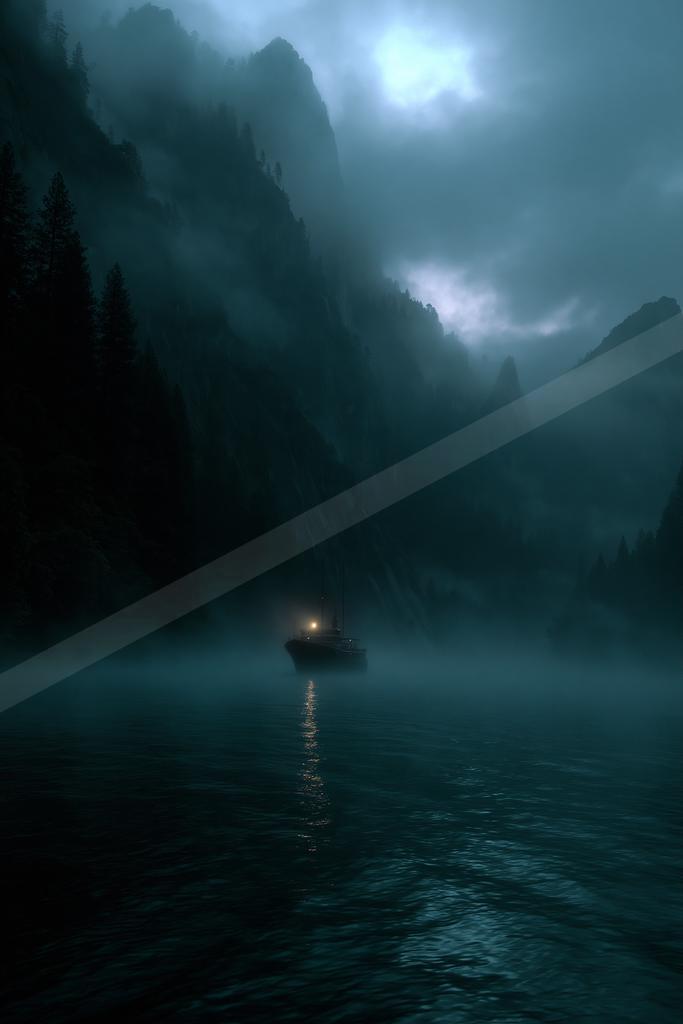 A small boat with a bright light sails through thick fog on dark water in a narrow mountain passage at night, surrounded by steep forested cliffs under a cloudy
