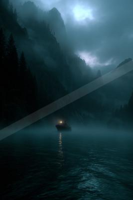 A small boat with a bright light sails through thick fog on dark water in a narrow mountain passage at night, surrounded by steep forested cliffs under a cloudy