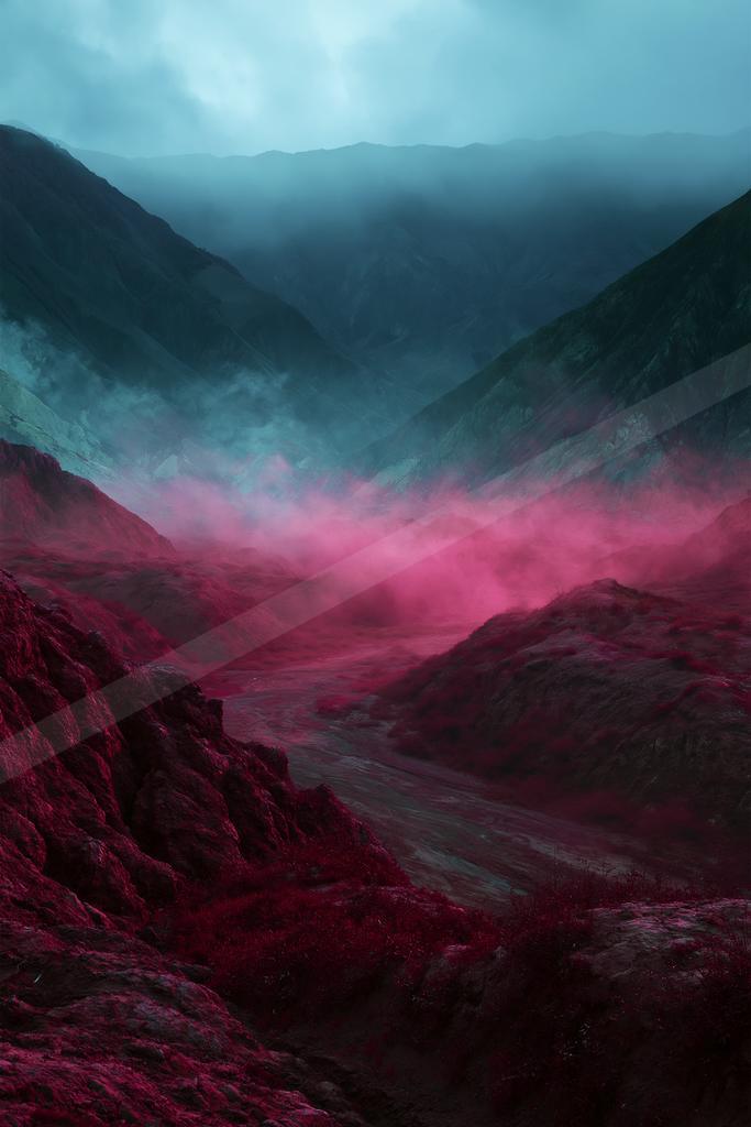 A dramatic landscape of mountains, valley, fog.