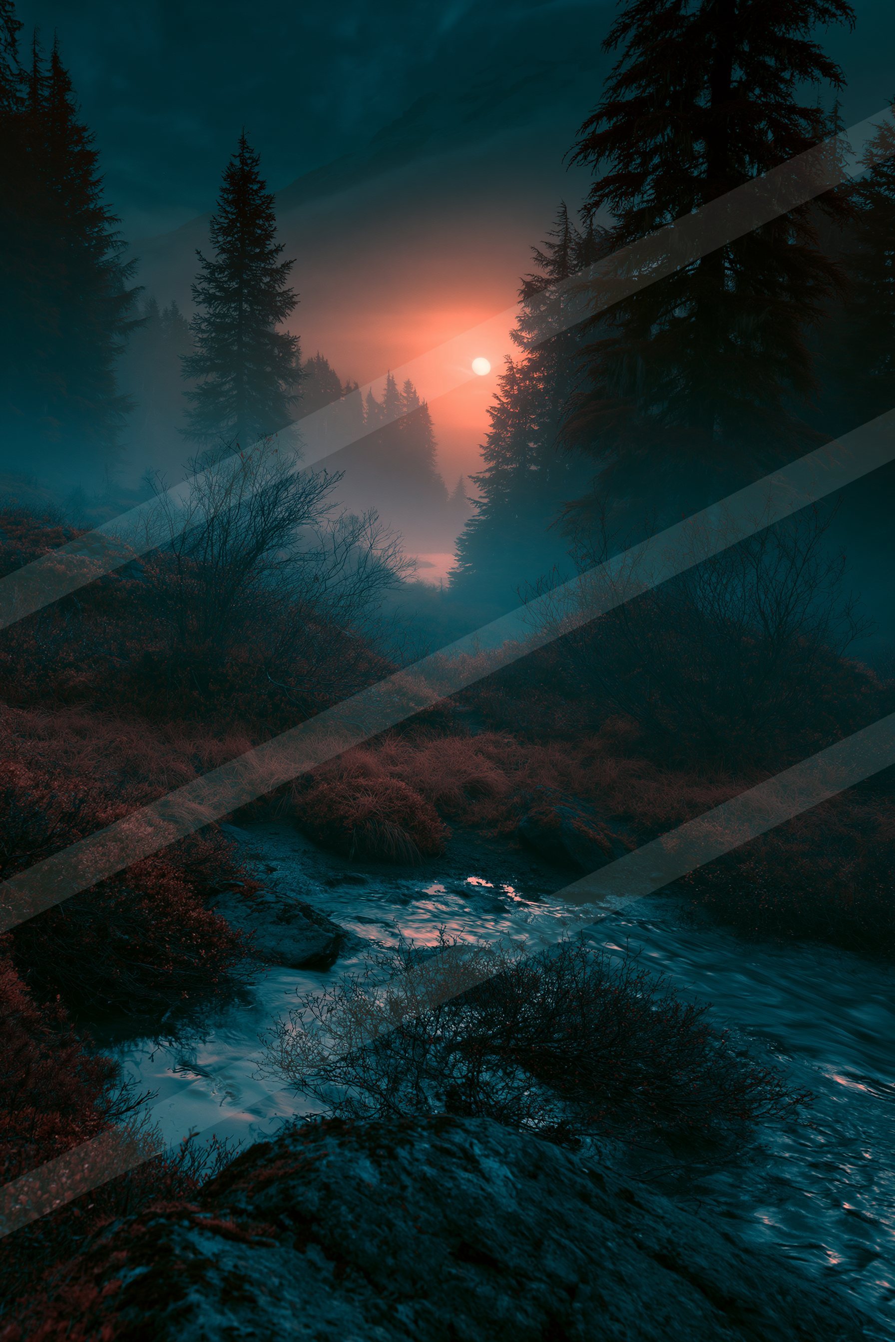 A night water scene of a stream, fog.