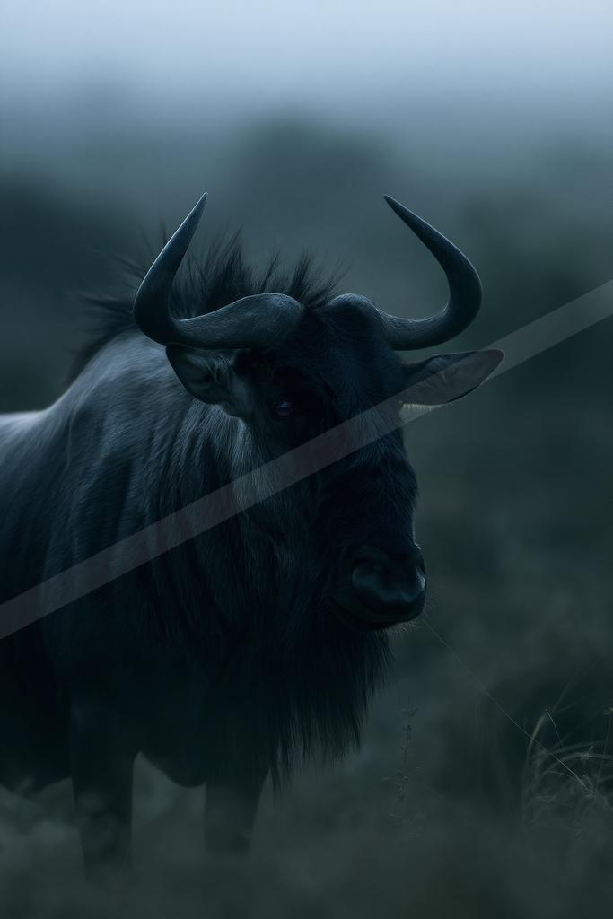 A close-up portrait of a wildebeest standing in tall grass with a foggy background, captured in a moody blue tone.