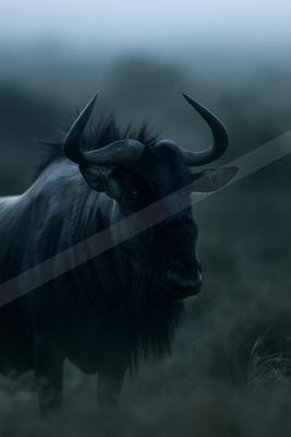 A close-up portrait of a wildebeest standing in tall grass with a foggy background, captured in a moody blue tone.
