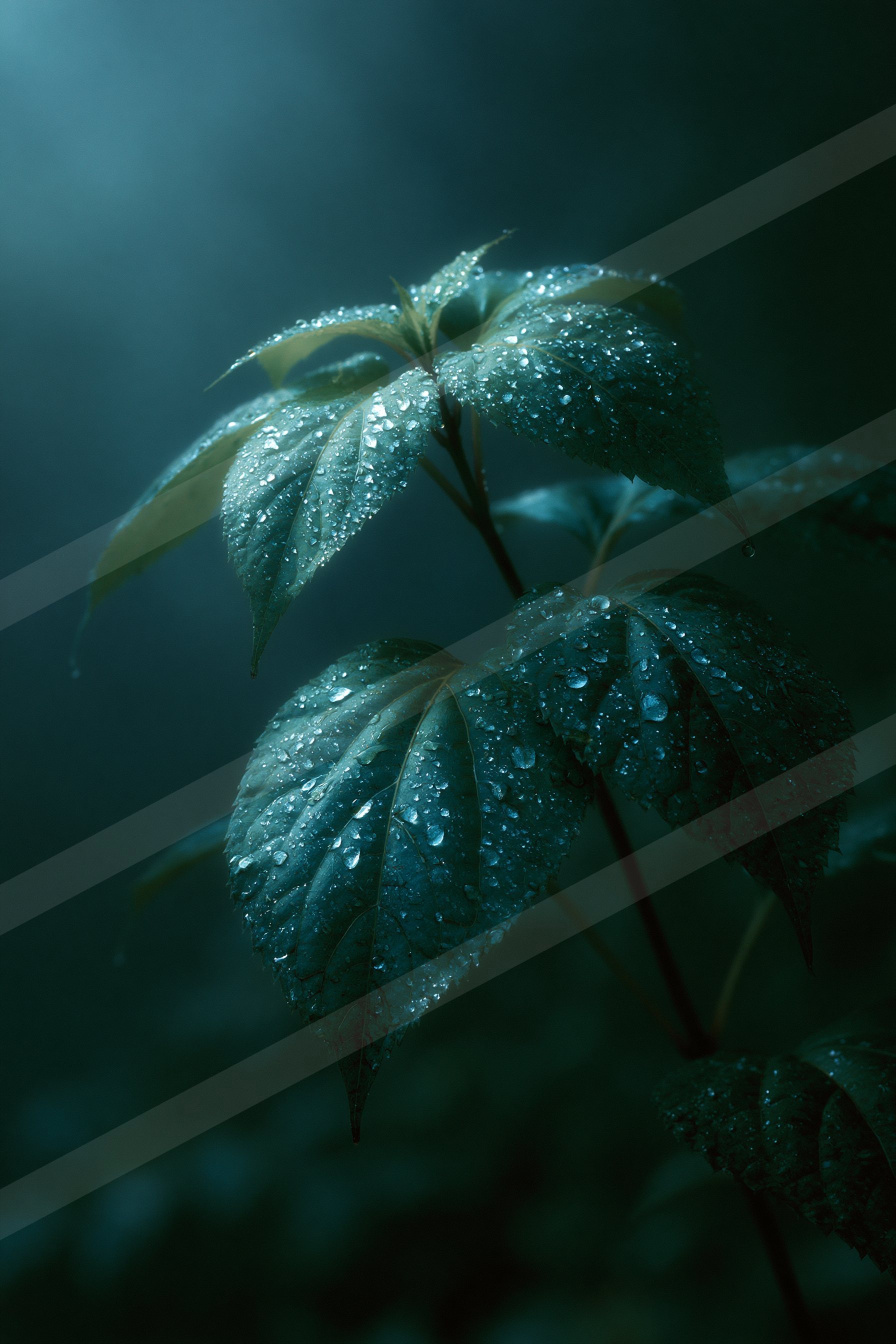 An ethereal macro nature scene of a plants, water drops.