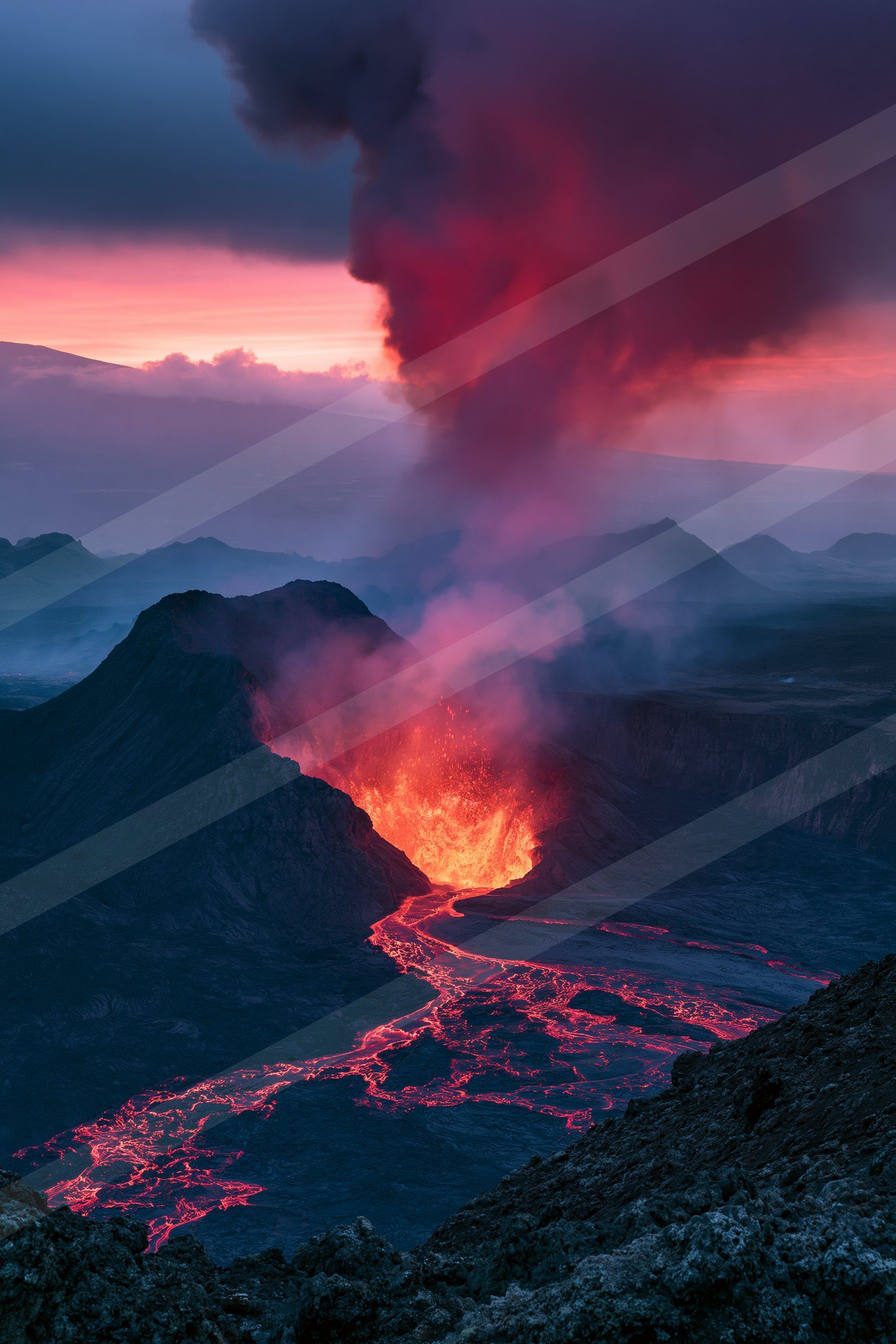 A moody landscape of a volcano, fire.