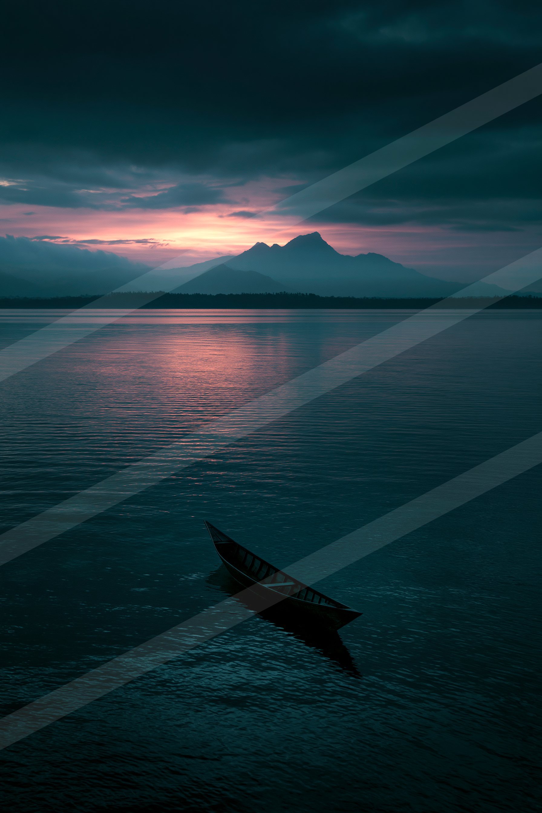 A blue hour water scene of a lake, reflection.