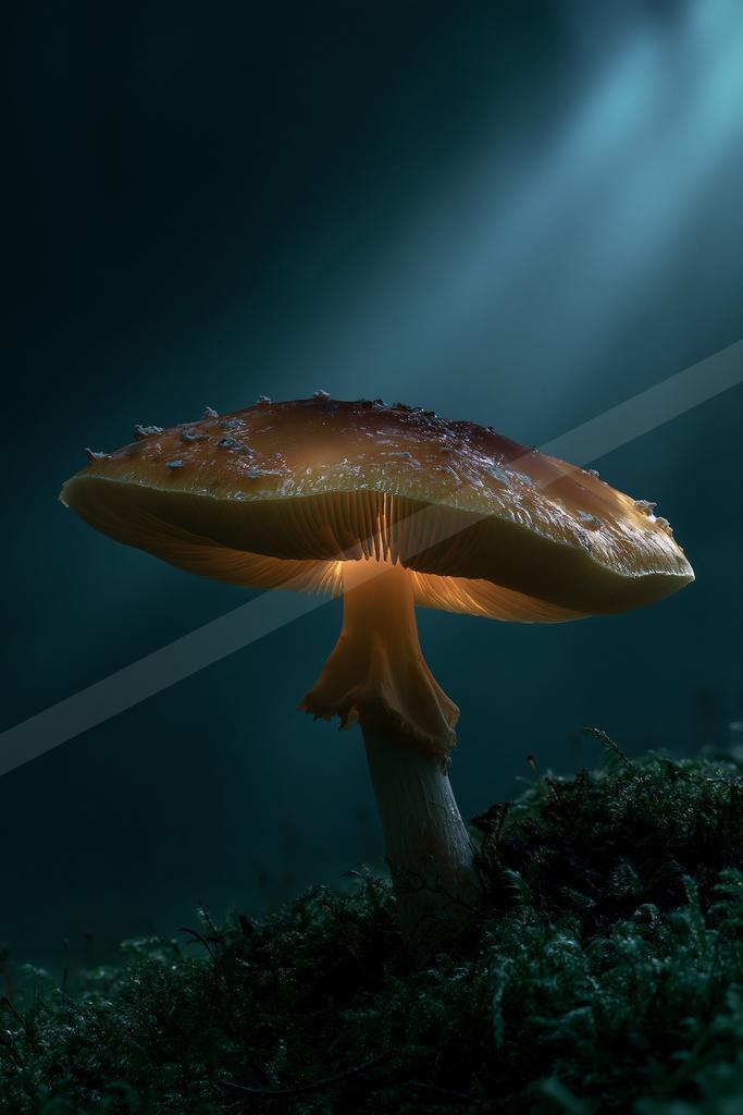A single mushroom with an orange-brown cap and glowing underside stands on a mossy forest floor, illuminated by dramatic blue light beams from above.