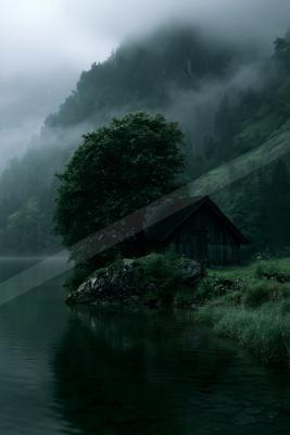 A serene water scene of lake, valley, fog.