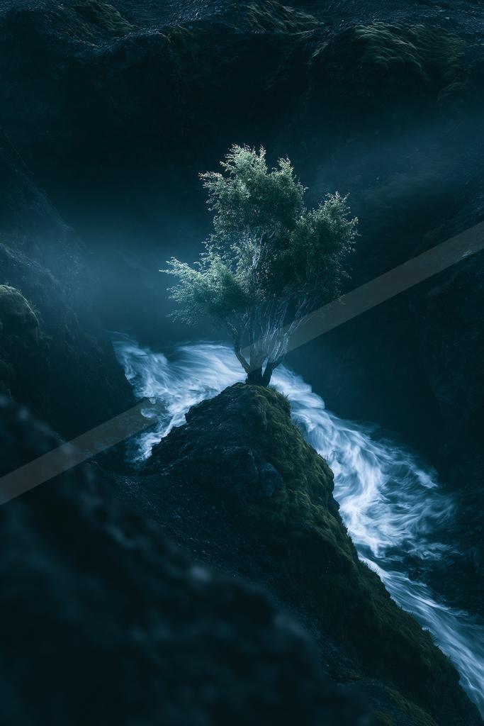 A moody nature scene of trees, waterfall, ocean.
