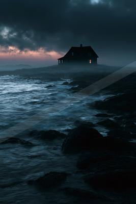 A night water scene of ocean.