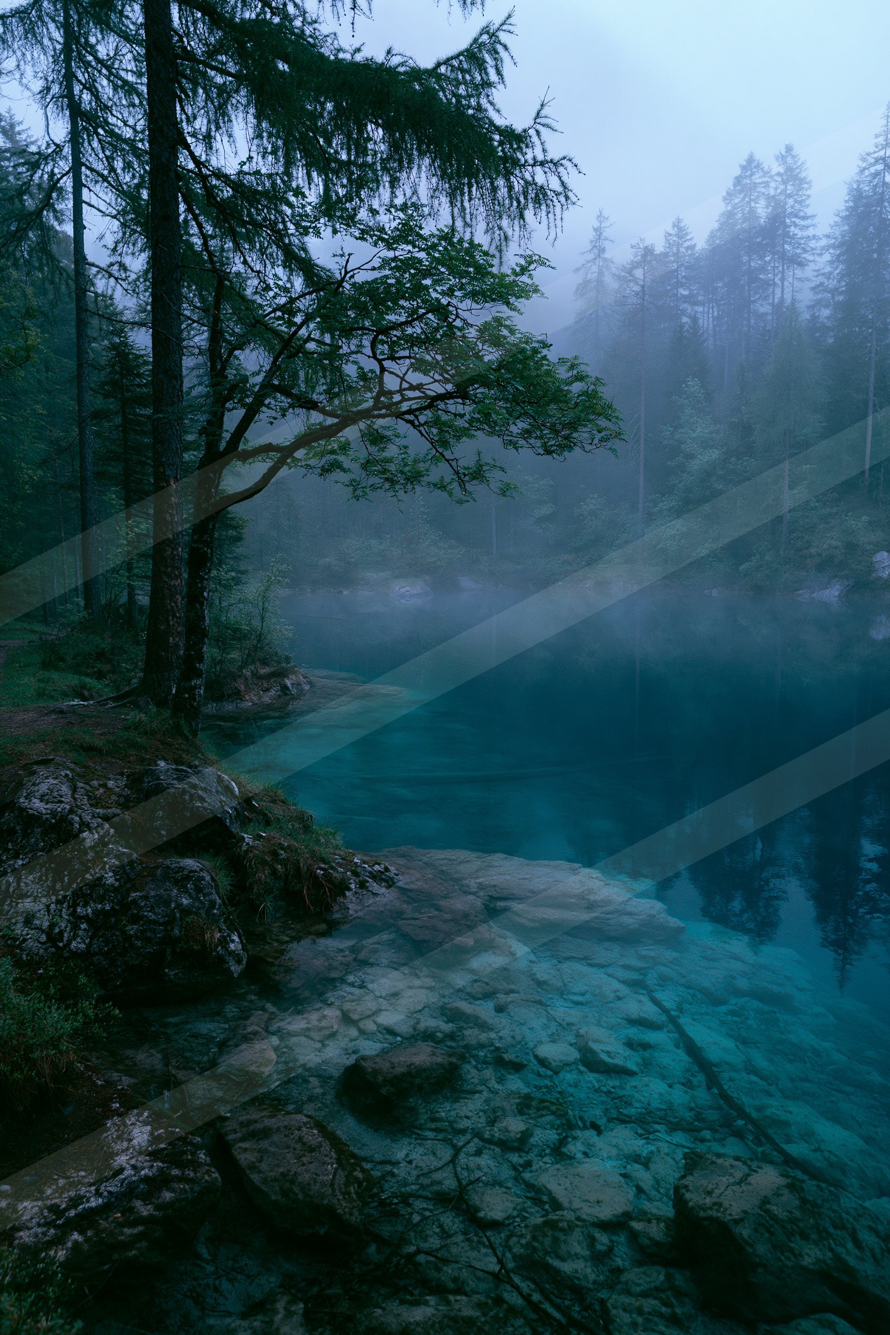 A blue hour water scene of a lake, fog.