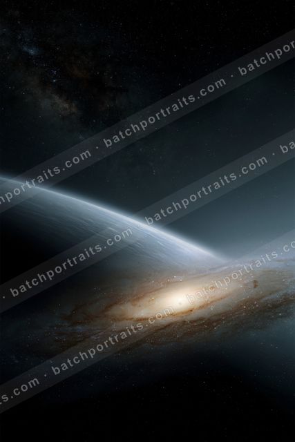 An awe-inspiring view of a spiral galaxy with bright core, surrounded by the vastness of space. The Milky Way is visible overhead, creating a stunning cosmic sc