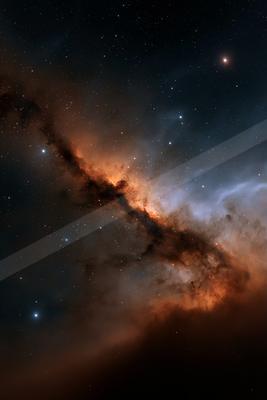 A colorful nebula with orange, brown, and blue hues stretches across a starry black space background, featuring bright stars and cosmic dust clouds.