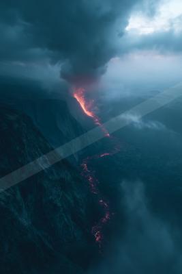A green-toned moody photograph of volcano, cliff, promontory.