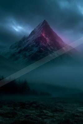 A snow-covered mountain peak bathed in a mysterious purple glow, surrounded by dense fog and silhouetted trees against a dark sky.