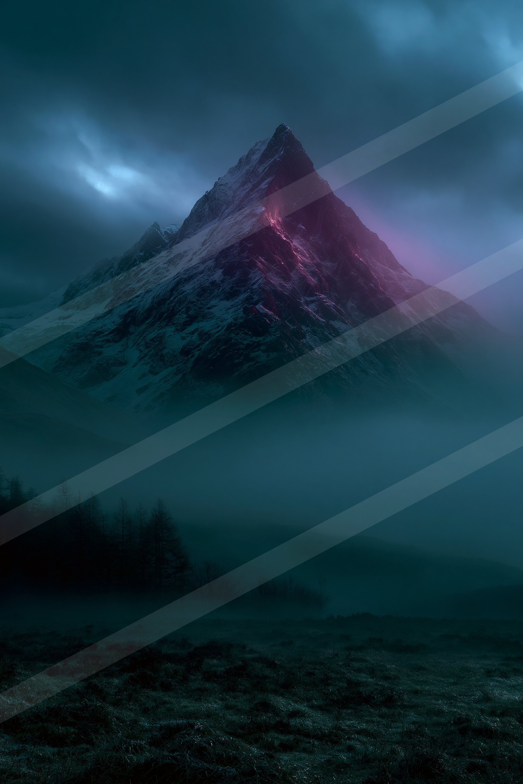 A snow-covered mountain peak bathed in a mysterious purple glow, surrounded by dense fog and silhouetted trees against a dark sky.