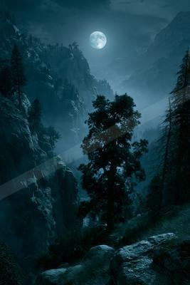 A black-toned moody photograph of valley, alp, cliff.