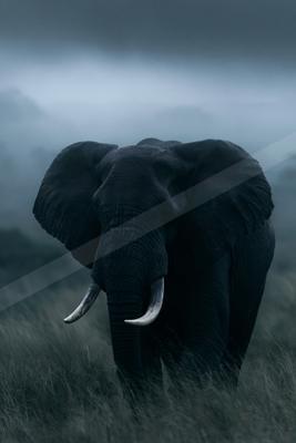 A large African elephant with prominent tusks stands in tall grass, facing the camera against a foggy, atmospheric background.
