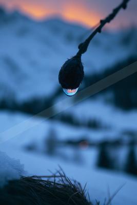A blue hour sky scene of sunrise, snow.