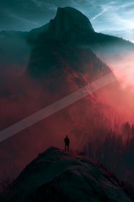 A dramatic landscape of mountains, fog.