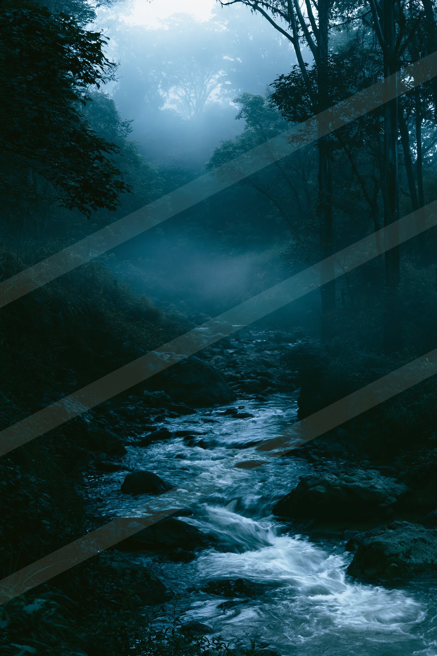 An ethereal water scene of a stream, fog.