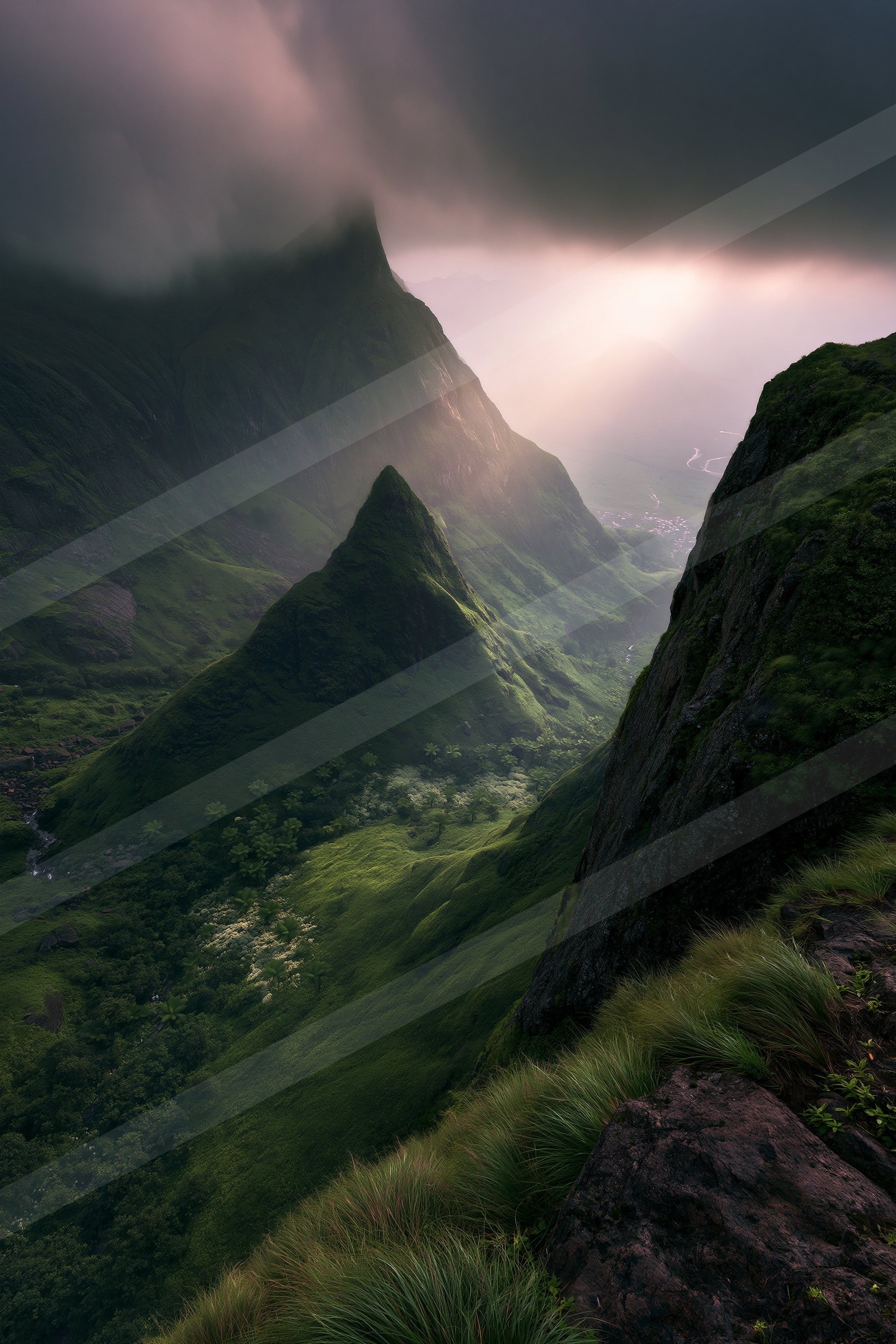 A dramatic panorama landscape of a mountains, fog.