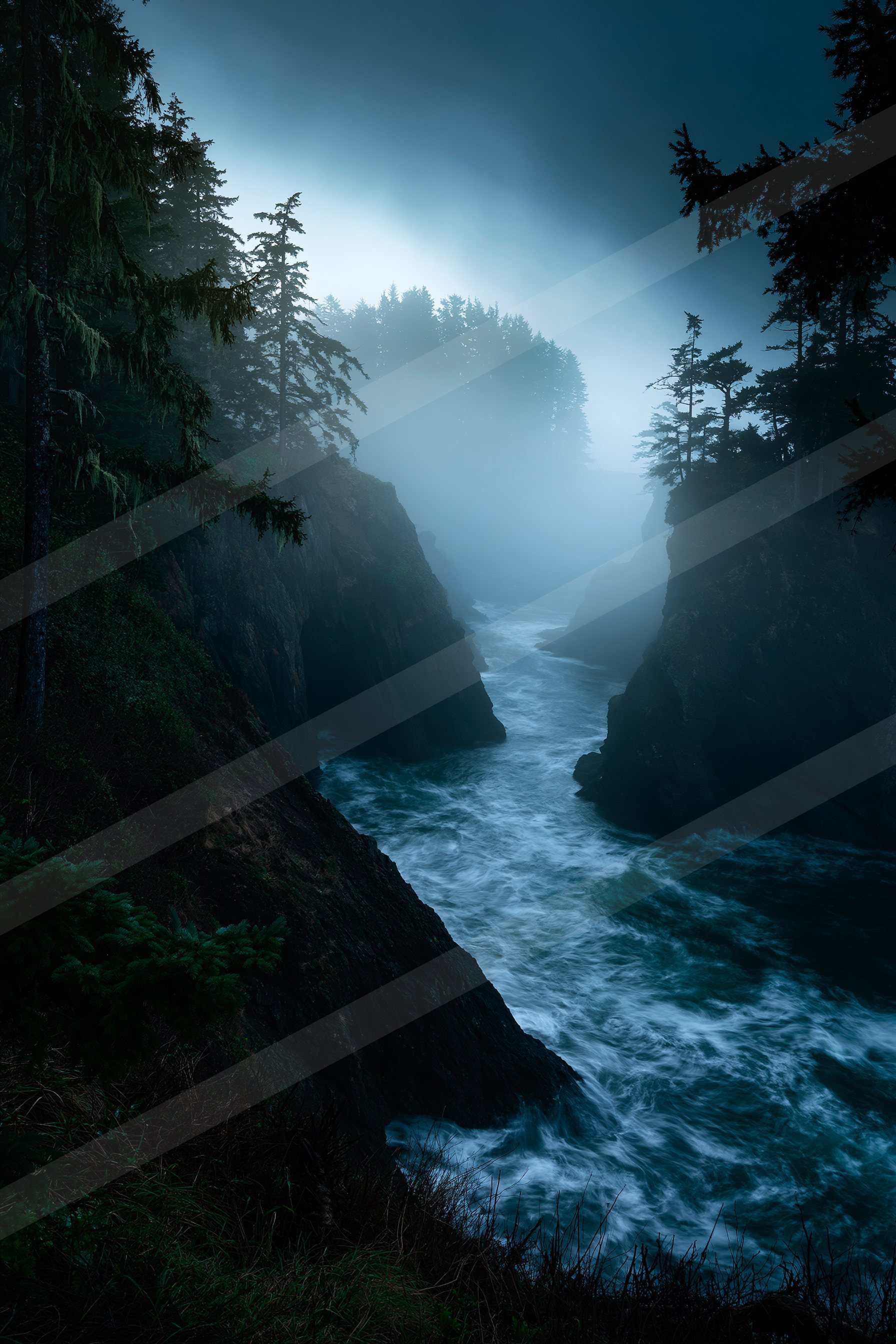 A mysterious long exposure water scene of a river, fog.