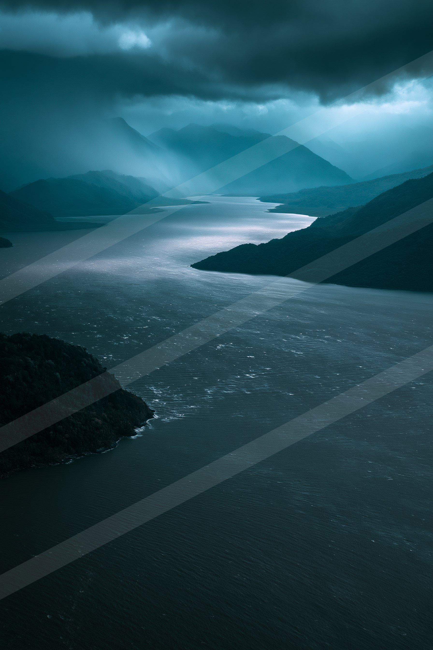 A night long exposure water scene of a lake, fog.