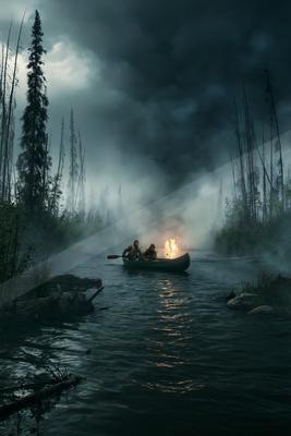 A night water scene of river, fog.