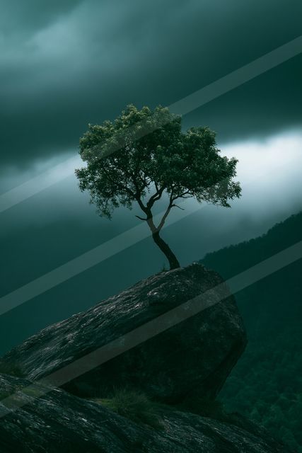 A mysterious nature scene of a pine tree, fog.