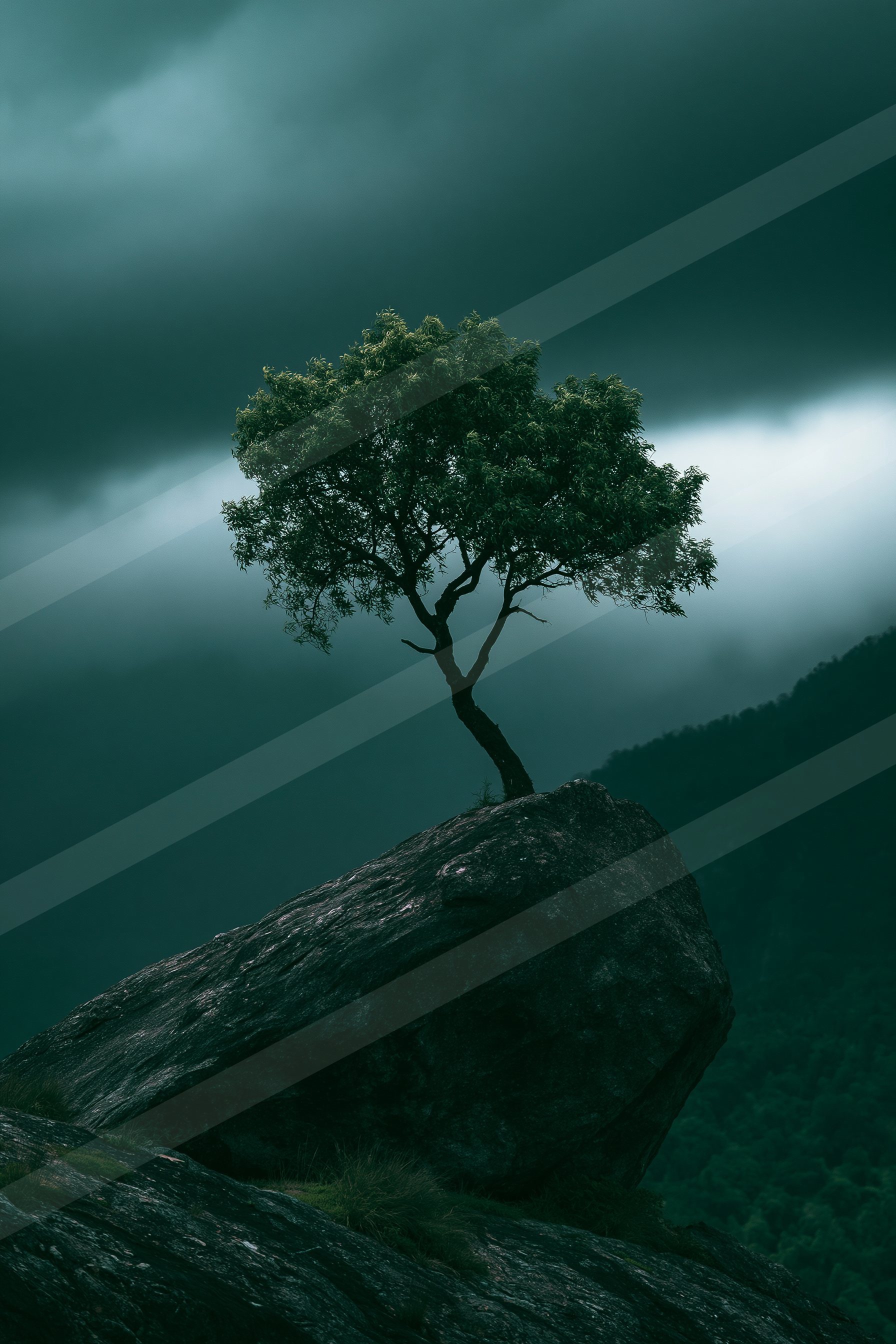A mysterious nature scene of a pine tree, fog.