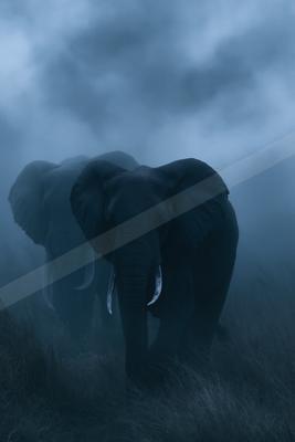 A black-toned moody photograph of tusker, african elephant, indian elephant.