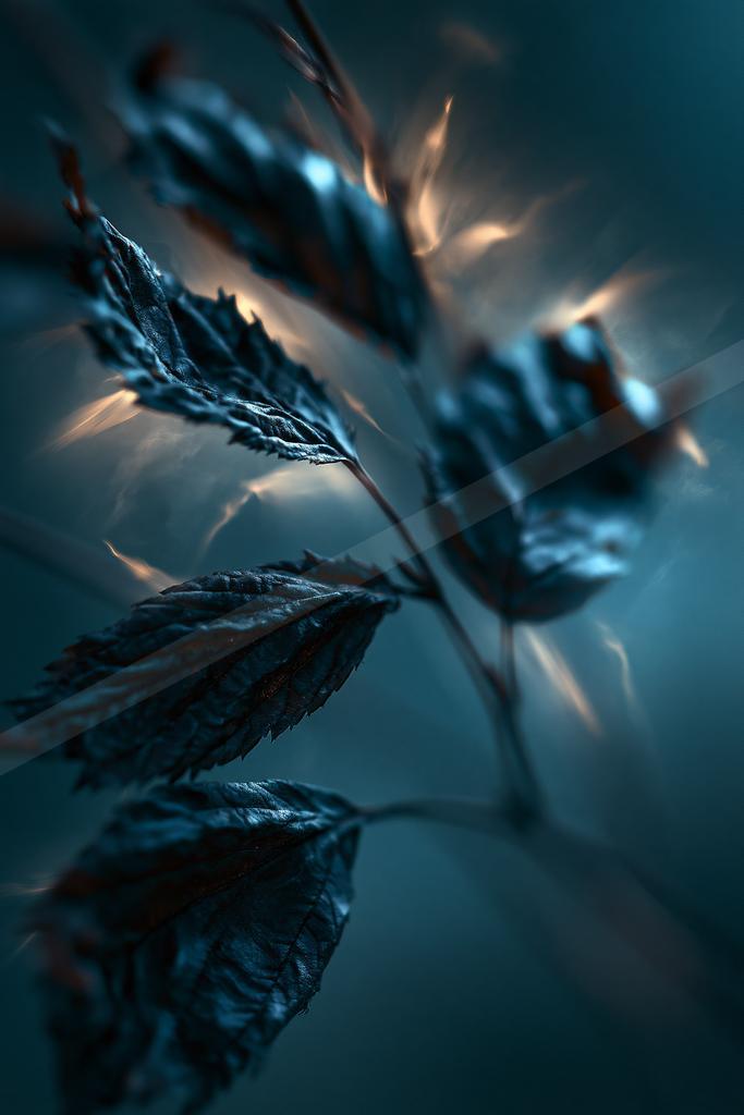 A blue hour still life of abstract texture, plants.