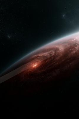 A vibrant red spiral nebula dominates the foreground over the curved horizon of an alien planet, set against a starry night sky.