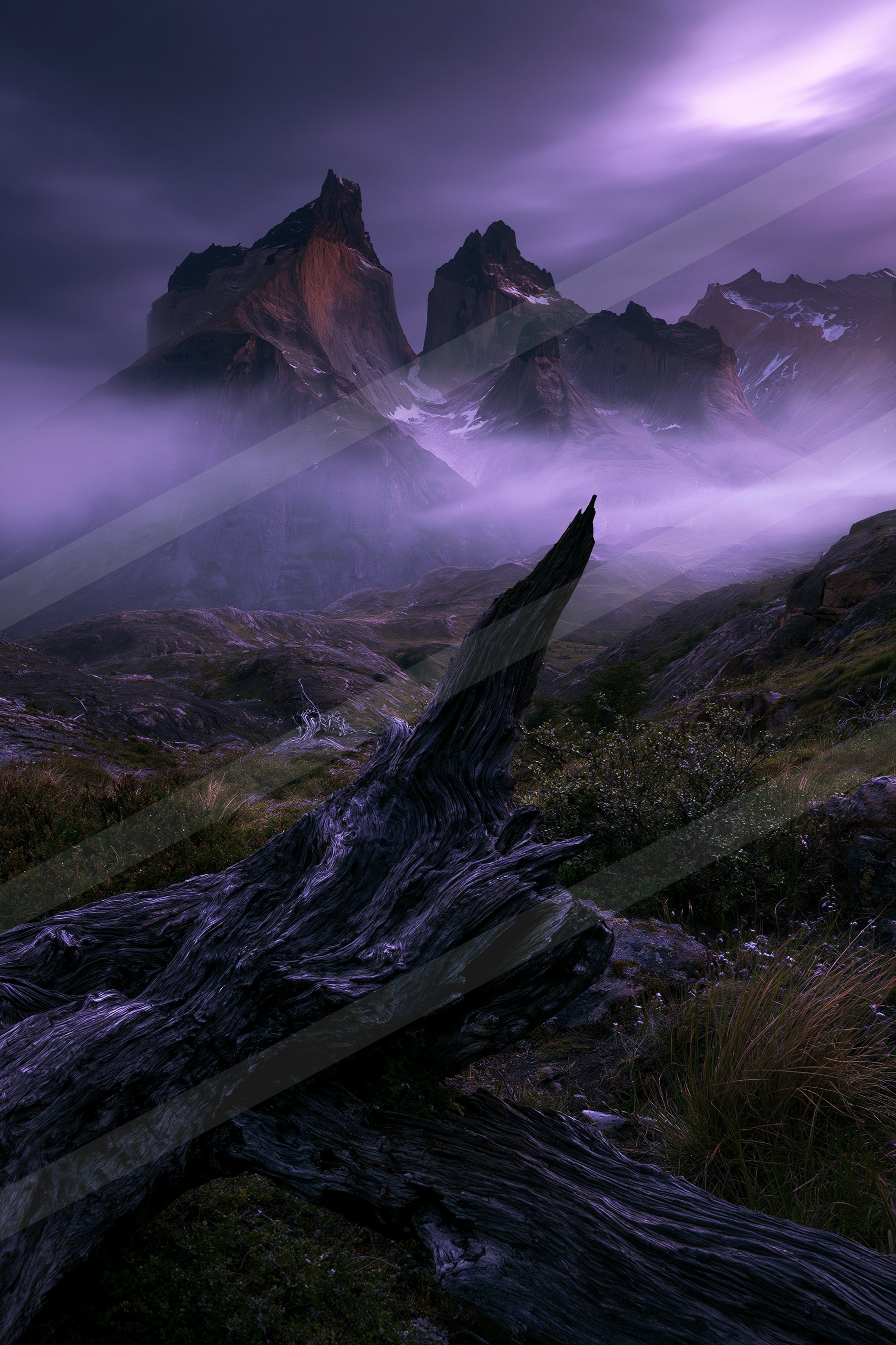 A dramatic landscape featuring towering mountain peaks bathed in purple light, partially obscured by mist. A weathered log dominates the foreground against a ba