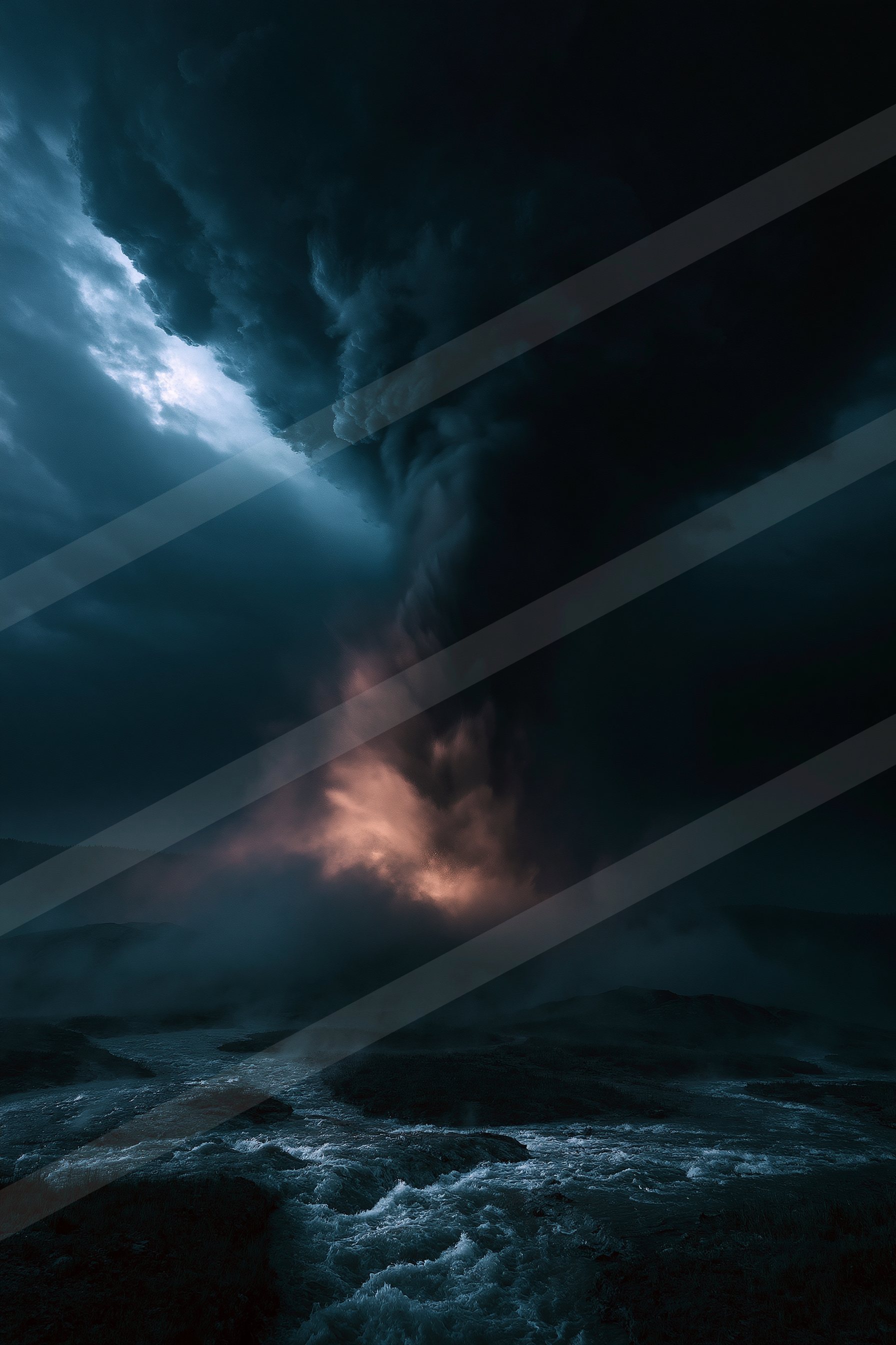 A powerful volcanic eruption illuminates the night sky with glowing lava, surrounded by dark clouds.
