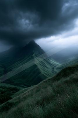 Moody landscape with dark storm clouds enveloping the peak of a steep green mountain, with grassy hills in the foreground under an overcast sky.