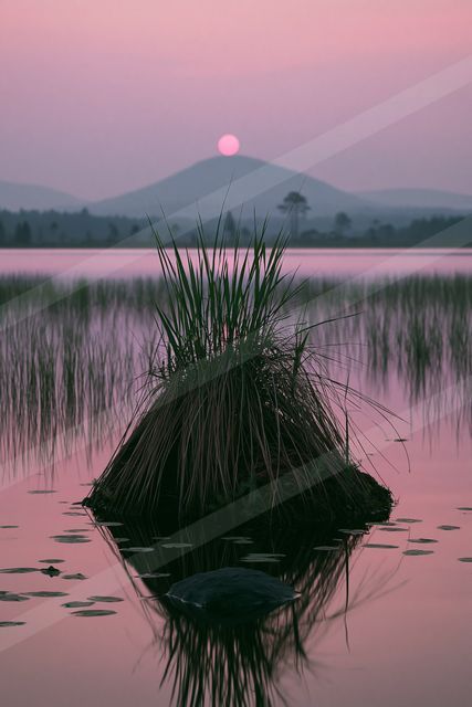 A serene lake scene during sunset, featuring silhouetted reeds and a distant mountain under a pink sky.