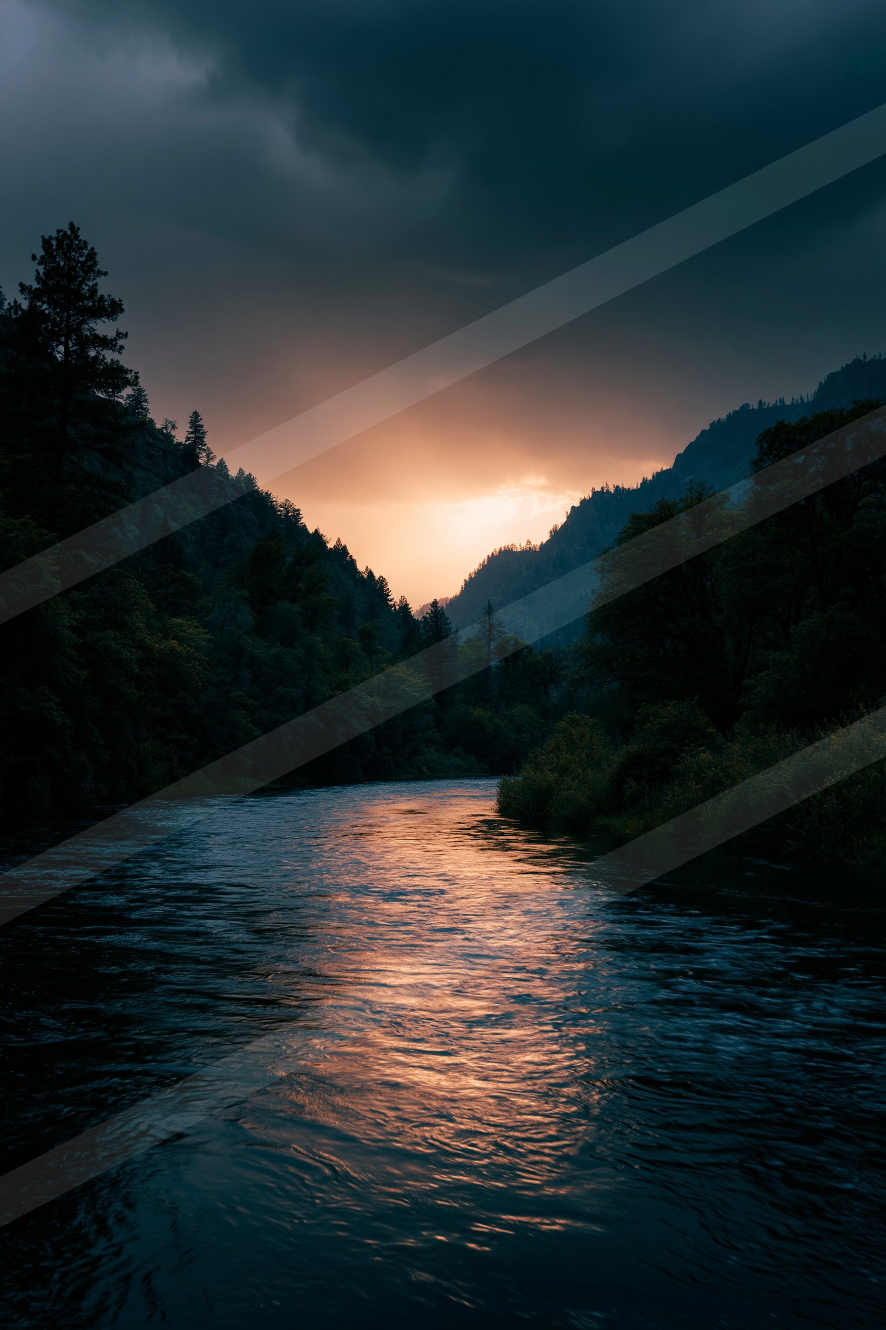 A blue hour high contrast water scene of a river, reflection.