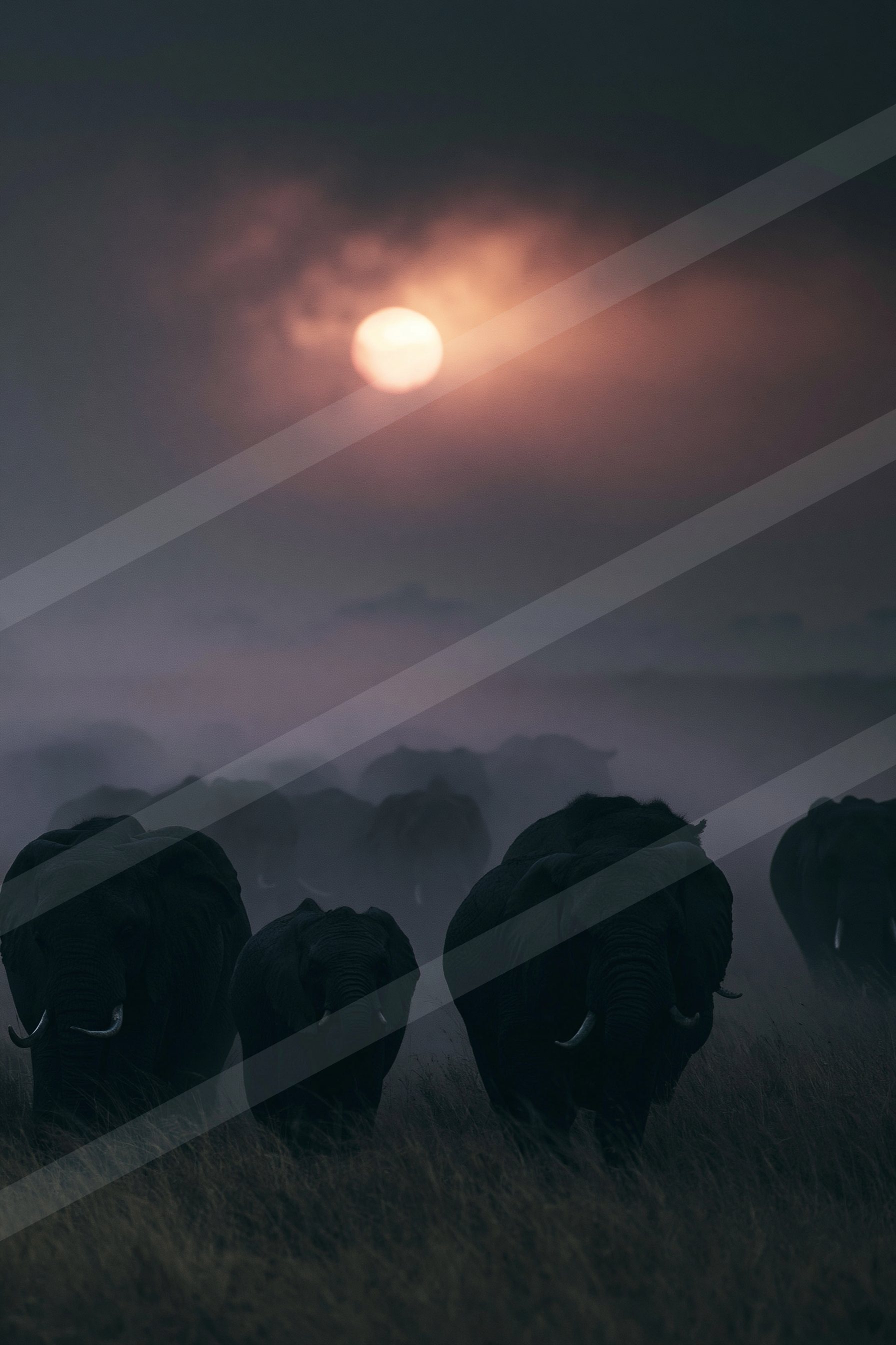 A herd of elephants silhouetted against a dramatic sunset with a hazy horizon.