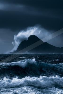 A powerful storm brews over a rocky coastline with crashing waves in the foreground.