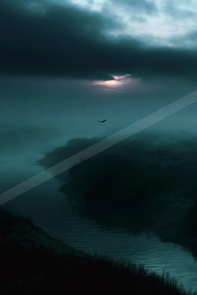 A solitary bird flies across a foggy river landscape under a dramatic, cloudy sky at dusk, with a faint light breaking through the clouds.
