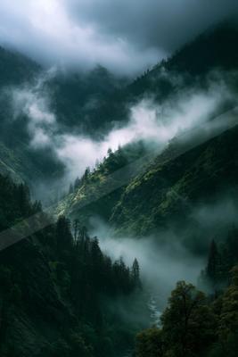 An ethereal high contrast landscape of a valley, fog.