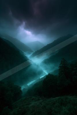 A dramatic aerial view of a deep forested mountain valley filled with thick blue mist, a winding glowing river, and dark stormy clouds overhead during twilight.