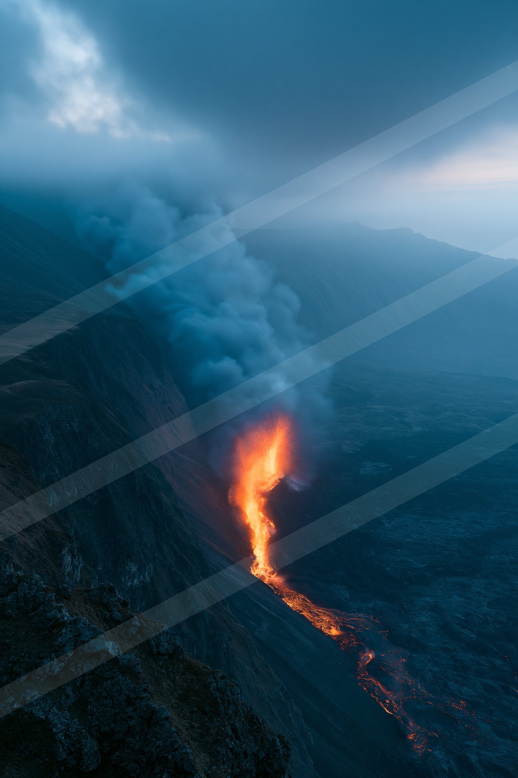 A moody landscape of a volcano, fire.