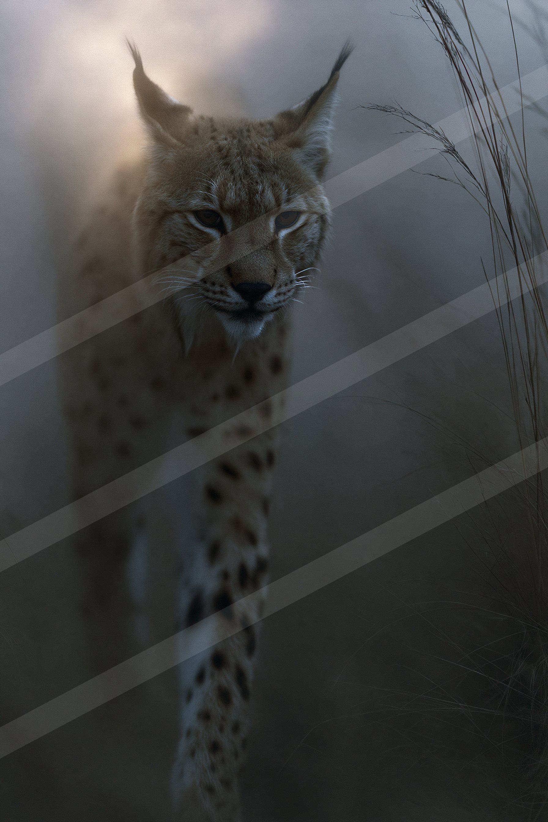 Snow leopard in the foggy wilderness.
