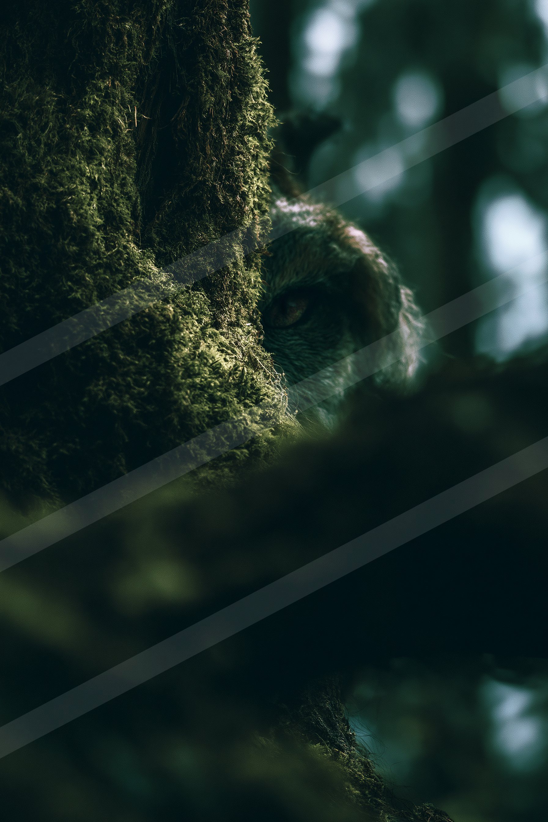 Bokeh lights in the overcast forest.