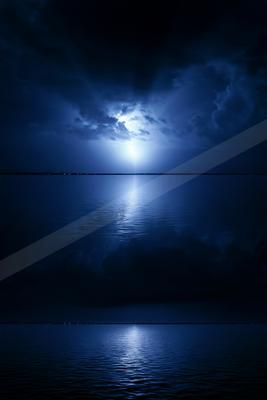 A serene body of water reflecting a bright moon under a stormy sky with lightning flashes.