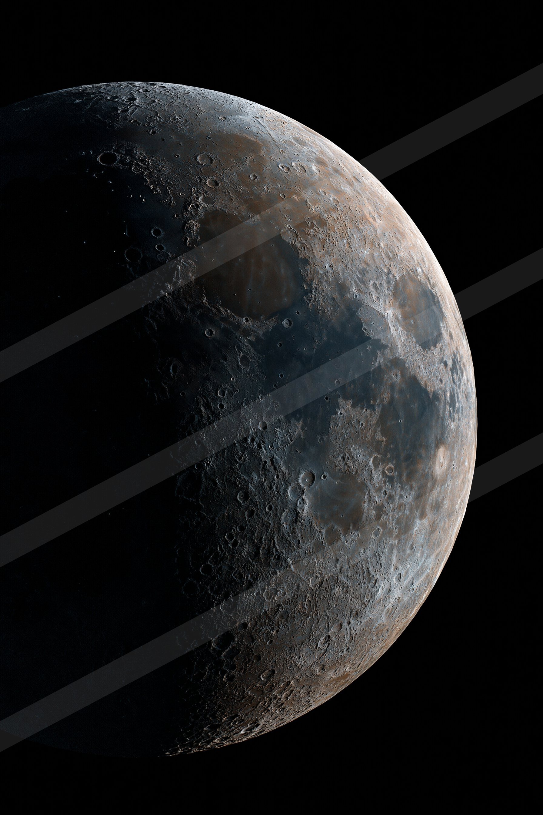 A detailed view of the moon's surface showing craters and rugged terrain against the blackness of space.